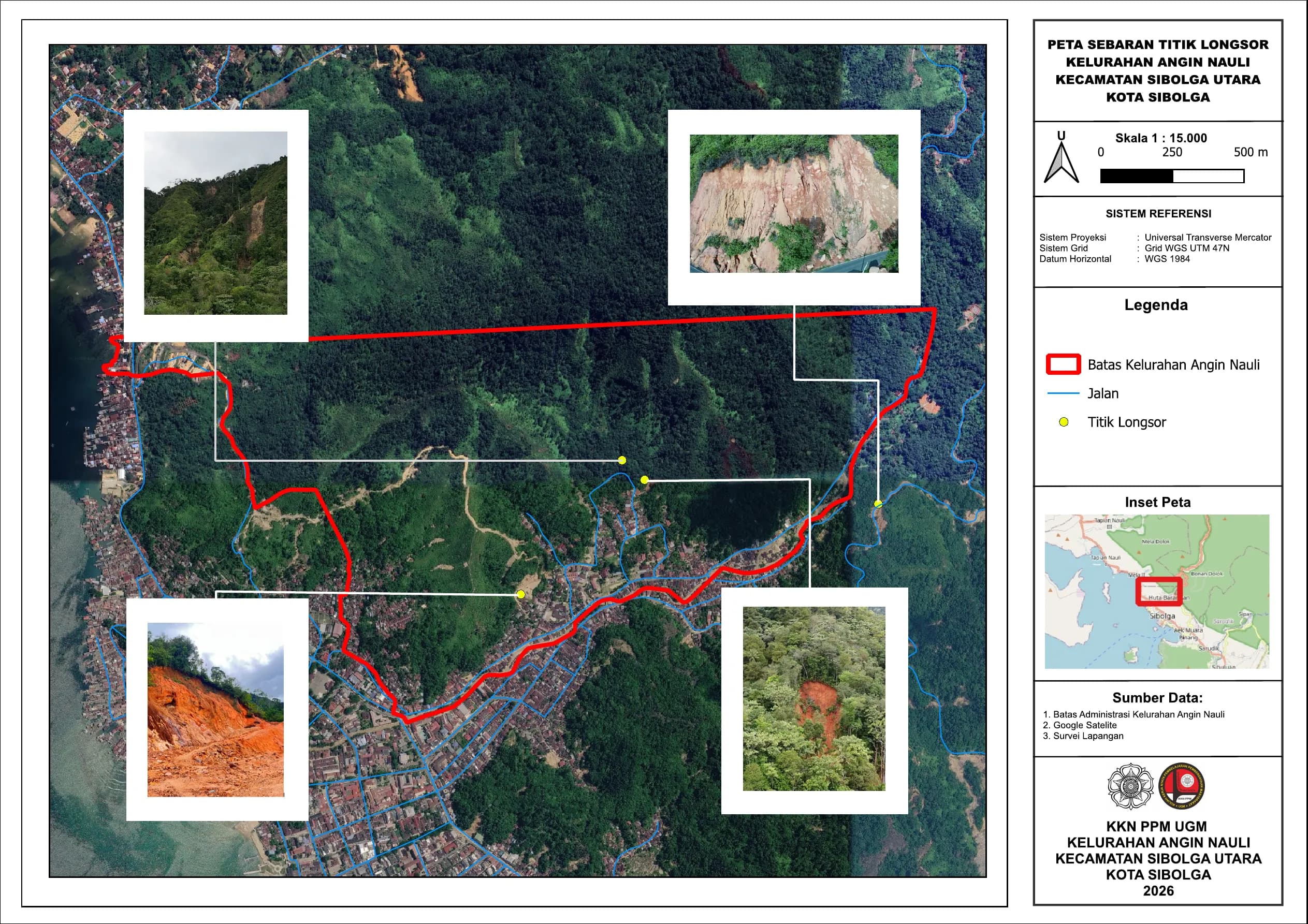 Landslide point distribution map of Angin Nauli with four field photographs